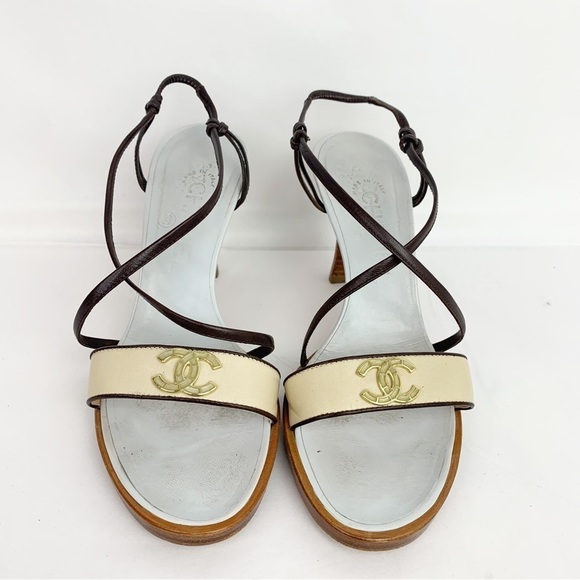 Chanel Blue / Brown Wooden Sole Strappy Heels Pumps 37 1/2 - Picture 4 of 13